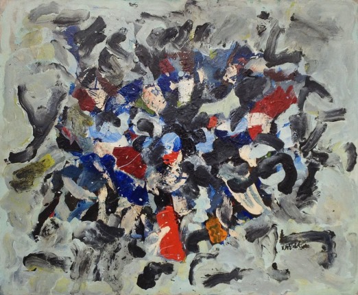 Image of sold John Von Wicht untitled abstract oil painting in grey, black, blue, red.