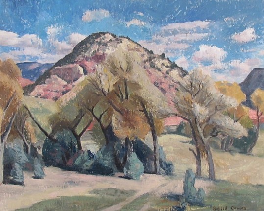Image of Russell Cowles' sold oil painting &quot;Mountain Landscape, Springtime&quot; showing a modernist view of a mountain with trees in front.