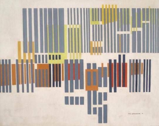 Image of sold abstract oil painting titled &quot;Synchroformic No. 23&quot; by John Sennhauser showing rectangular lines in grays, browns, yellow and red.