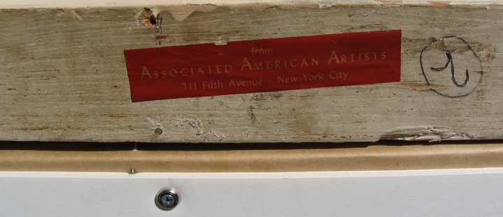 Image of red AAA label verso on &quot;Winter Morning&quot; painting by Francis Criss.