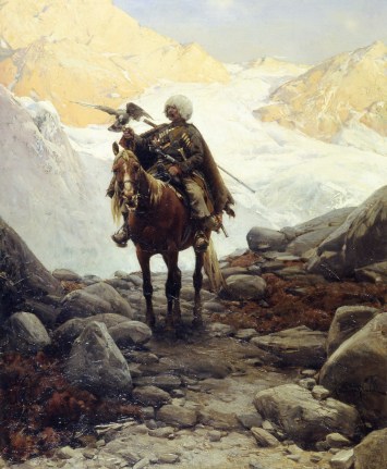 Sold oil painting of a falconer by Alfred von Wierusz-Kowalski.