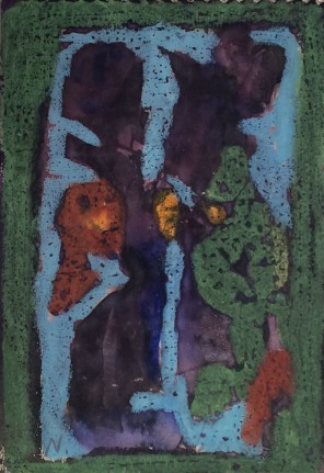 Image of sold untitled abstract oil and watercolor painting by Norris Embry in greens, blues, reds, purples and orange.