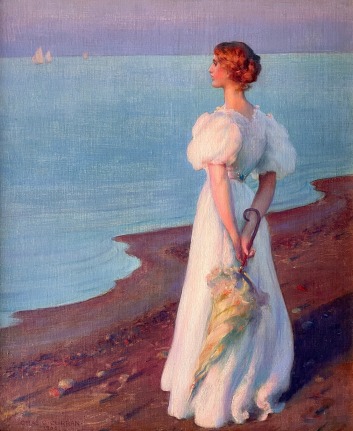 Image of Charles Courtney Curran's sold oil painting entitled &quot;On the Shore of Lake Erie&quot; showing a young woman in a short sleeved white dress holding a closed parasol behind her back while looking at the lake.