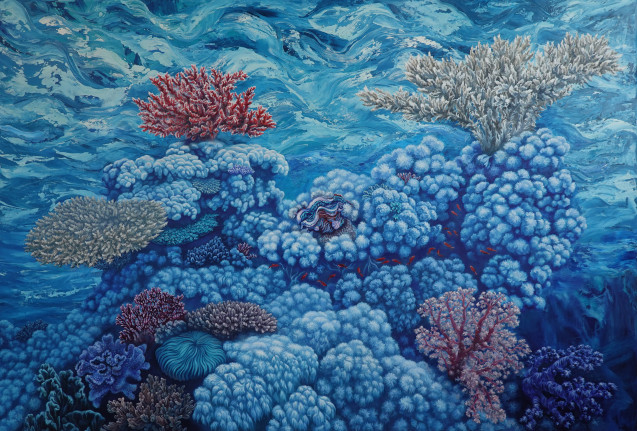 Image of Nikolina Kovalenko's oil painting entitled "A Good Coral Day" showing a healthy coral reef with a clam shell nestled into it and waves moving above.