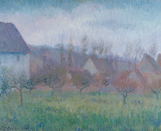 Image of Theodore Butler oil painting showing a farm orchard in winter time in Giverny, France.