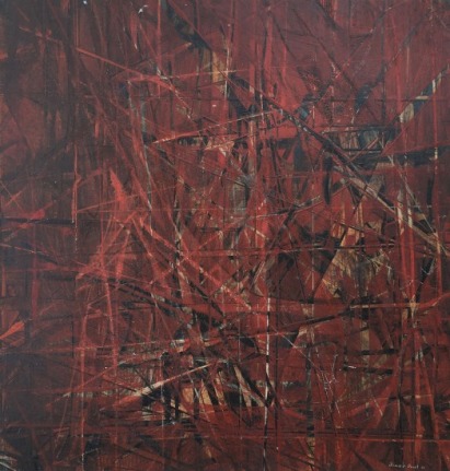 Image of Jimmy Ernst untitled abstract 1963 oil painting in dark reds, black and white.