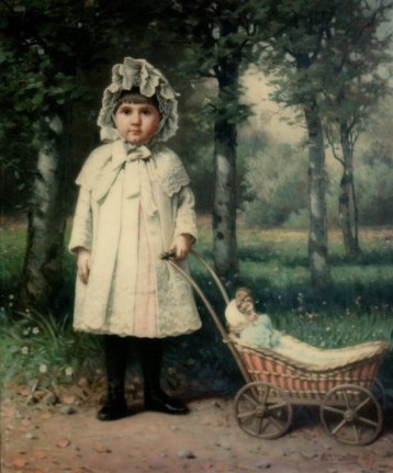 Image of sold oil painting by George W. Waters of a young girl in a white coat and bonnet with her doll in a small perambulator.