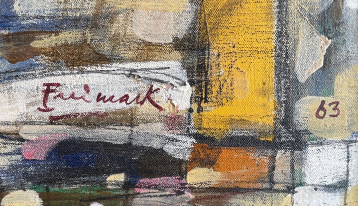 Image of signature date on "Photography" painting by Robert Freimark.