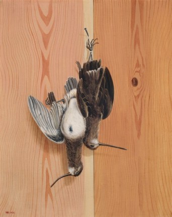 Image of trompe l'oeil sold oil painting of a two snipe birds hanging by their feet by William Aiken Walker.