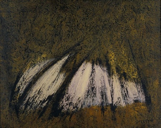 Image of an untitled encaustic oil painting (001) by Frederik Ottesen of a white and black abstract form on a yellow, green and brown textured background.