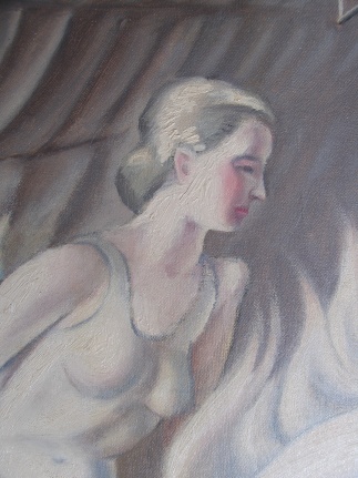 Closeup detail image of stunt rider in Circus Scene painting by Clarence Holbrook Carter.