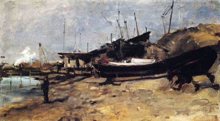 Image of sold oil painting showing boats pulled up on shore with a figure near the water by John Henry Twachtman.