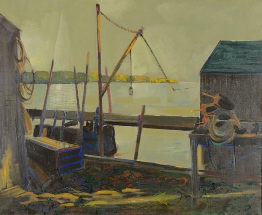 Image of oil painting titled "After Showers - Maine Coast" by Edward Christiana showing a dock with buoys, lines and nets.