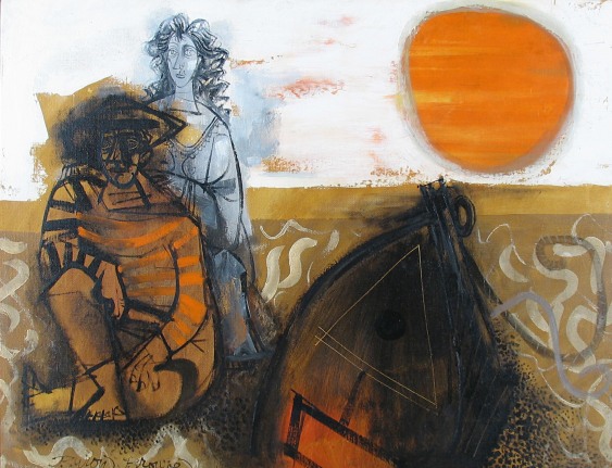 Image of Byron Browne oil painting On the Beach (1959) showing two figures, one sitting and one kneeling next to a boat pulled up on the shore, with a orange sun setting in the distance.