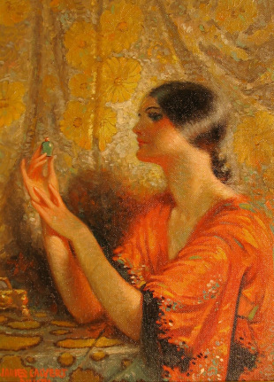 Image of sold oil painting of a woman in a red robe holding a small jade bottle by James Calvert Smith.
