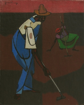 Image of sold Robert Gwathmey oil painting titled &quot;Hoeing&quot; depicting a black man in blue overalls hoeing the earth while a woman in a green dress squats down to feel the earth.