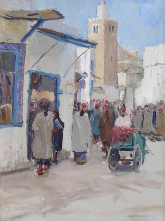Image of Jane Peterson oil painting showing a busy street corner in Tunis with buildings and people.