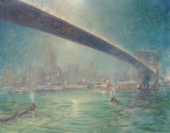 Image of Johann Berthelsen impressionist painting titled "Bridge Nocturne" showing a bridge spanning a river with a city in the background.