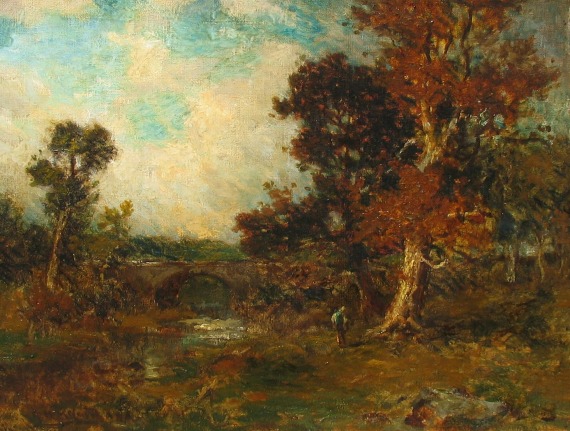 Image of sold landscape oil painting by George Herbert McCord of the Whippany Bridge in autumn.