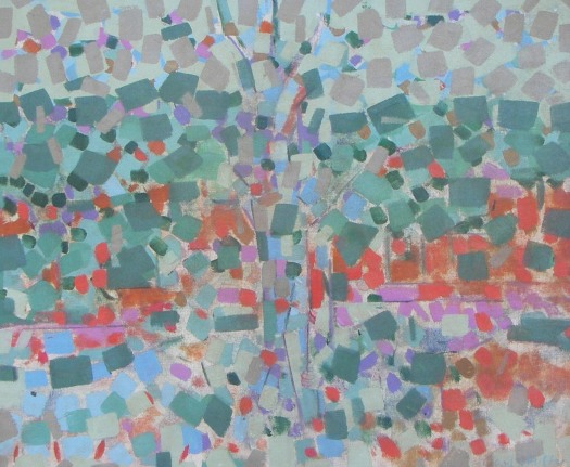 Image of sold untitled abstract oil painting by Carl Holty in greens, blues, purples and reds.