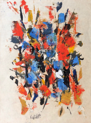 Image of sold abstract John Von Wicht mixed media on paper in orange, blue, black and ochre.