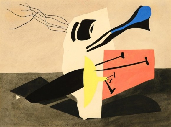 Image of sold abstract watercolor painting by Charles Howard featuring shape in cream, black, yellow, blue and papaya colors.