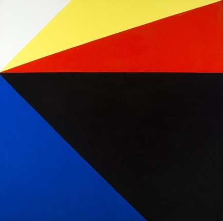 Image of sold untitled geometric abstract oil painting by Onni Saari in blue, black, red and yellow.