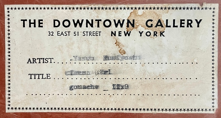 Downtown Gallery label verso &quot;Circus GIrl&quot; by Yasuo Kuniyoshi.