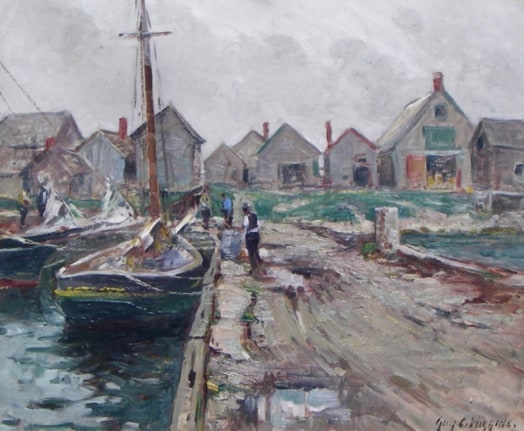 image of Guy C. Wiggins oil painting titled "Southeaster - Rockport, MA" showing boats at a dock with small houses in the background.