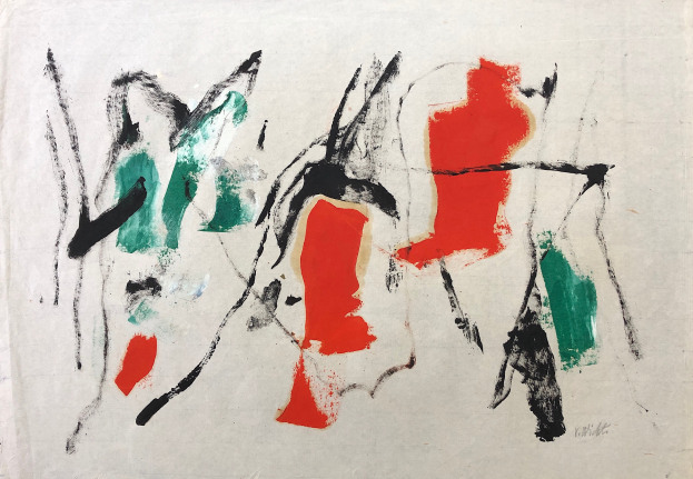Image of untitled (141) mixed media artwork by John Von Wicht in red, black and green.