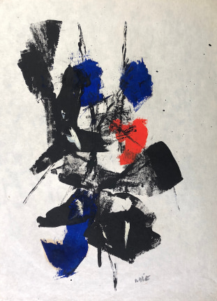 Image of untitled (136) mixed media artwork by John Von Wicht in black, blue and red.