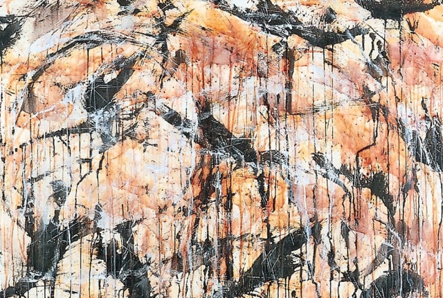 Image of sold abstract oil painting by Norman Bluhm entitled &quot;Ode&quot; with black, white, yellows, and oranges.