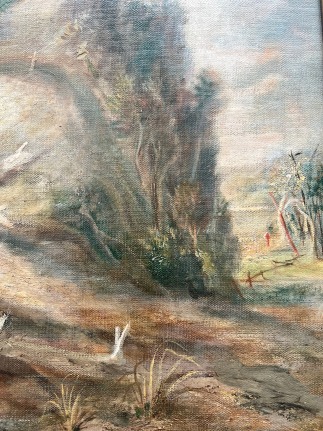 Closeup image showing detail of trees and foliage in William C. Palmer's painting &quot;Fish Story&quot;.