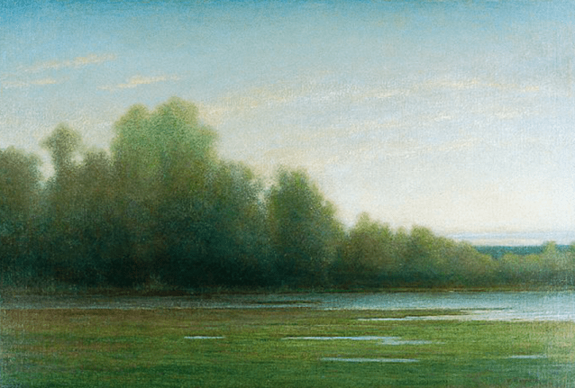 Image of a sold oil painting of tonal landscape of field, pond and trees by William Sartain.