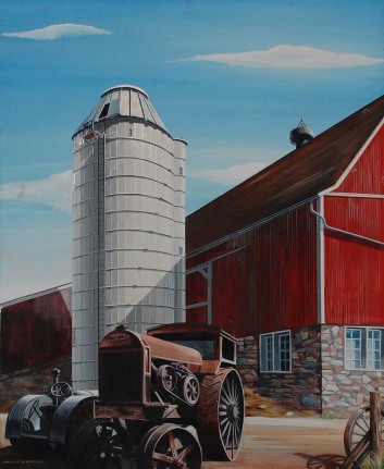 Image of sold painting by Edmund Lewandowski entitled &quot;Red Barns&quot; featuring precisionist painting of two red barns, a silo and and old tractor.