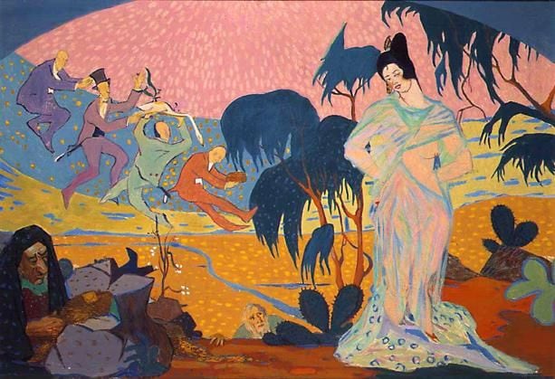 Image of sold oil painting entitled &quot;Homage to Mabel Dodge&quot; by Walter Mruk showing a woman in a sheer dress standing and looking coyly at the viewer while a man in the corner counts gold and four other men dance in the distance.