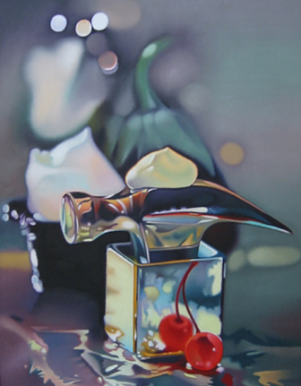 Image of sold oil painting entitled &quot;Hammer/Cherry #20&quot; by Gary Pruner showing a very reflective hammer head with some whipped cream on it and resting in a reflective box, next to which is a maraschino cherry.
