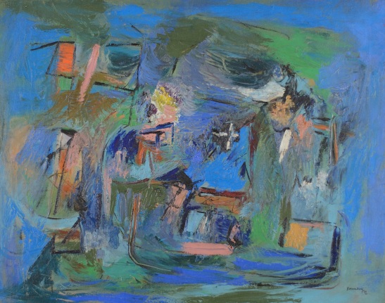 Image of Ralph Rosenborg abstract oil painting Subjective Farm Landscape (1940) done primarily in blues and greens.