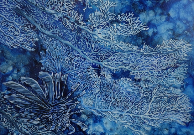 Image of Nikolina Kovalenko's oil painting "Mimicry" showing a lionfish near some fan coral.
