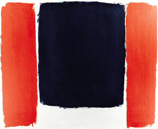 Image of sold 1963 untitled Ray Parker abstract painting on two rectangles of red on either side of a black square on a white canvas.