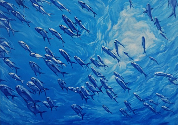 Image of Nikolina Kovalenko's oil painting "Fourth of July" which shows a school of fish seen from underneath.