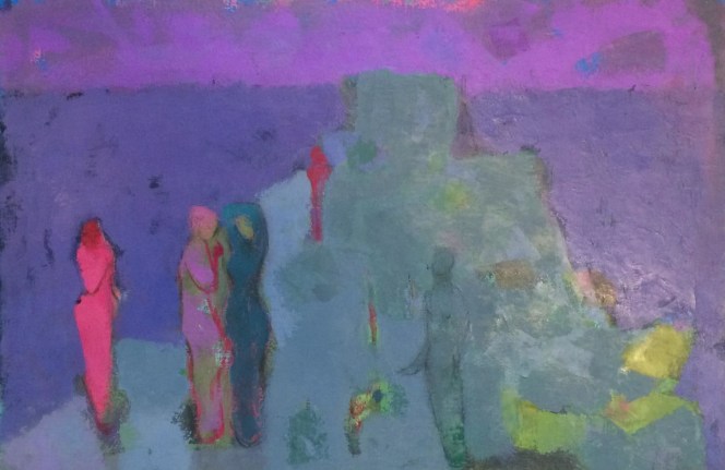 Image of sold Martin Friedman abstract painting titled "Mauve" showing four (five?) figures on a grey and purple background.
