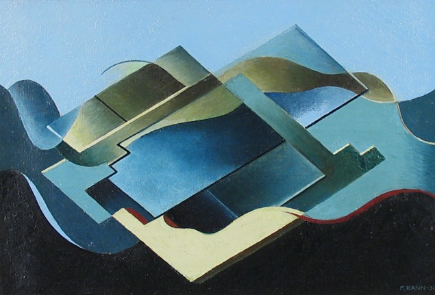 Image of sold Frederick Kann Untitled (1931) oil painting in blues, greens, yellow, red and black with abstract waves and geometric shapes.