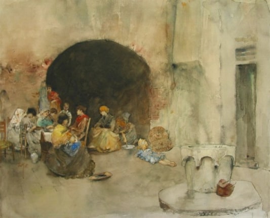 Image of sold Robert Blum watercolor showing women sitting in a courtyard stringing beads in Venice.