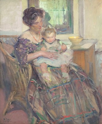 Image of oil painting by Richard E. Miller of a Mother sitting in a chair, wearing a purple and green plaid dress with a child sitting on her lap.
