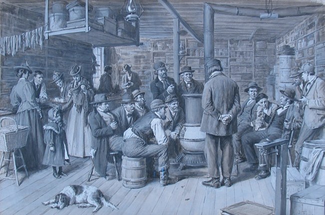 Image of Arthur B. Frost black and white painting "The Country Store as a Social Center" showing people gathered around a pot bellied wood stove and other people shopping.