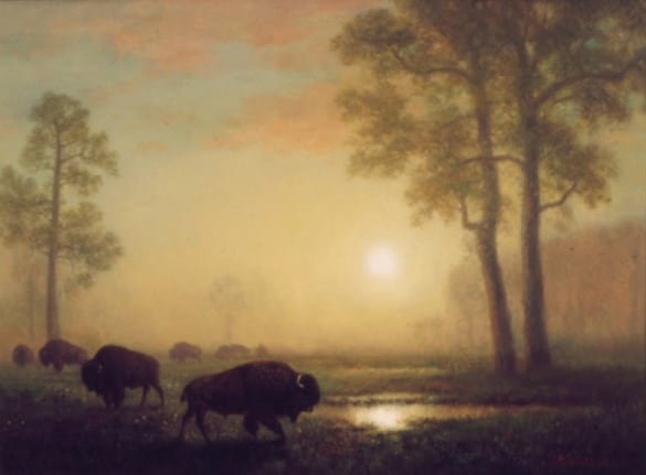 Image of sold painting of buffaloes walking through a misty landscape by Albert Bierstadt.