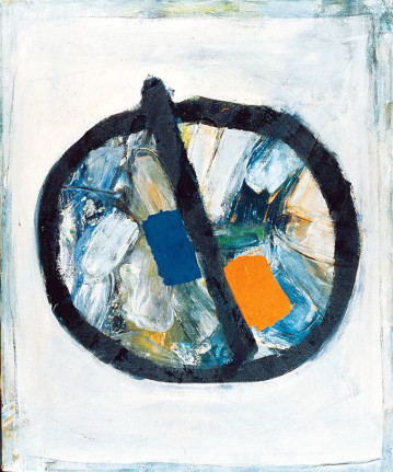 Image of sold Kenneth Noland 1957 abstract painting titled &quot;Clock&quot; showing a white background with a black circle  with a line painted through it. The circle has blues, orange and white in it.