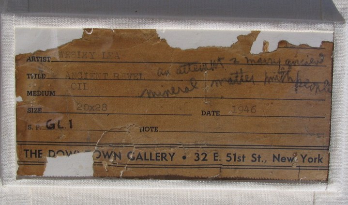 Label verso of &quot;Ancient Revel&quot; by Wesley Lea.