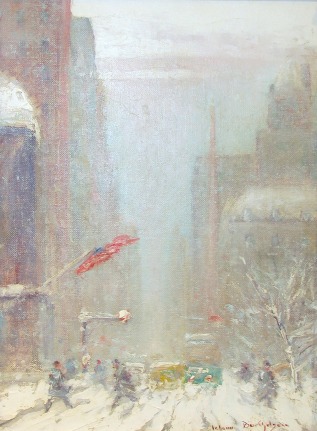 Image of sold oil painting by Johann Berthelsenof a New York City winter street scene.